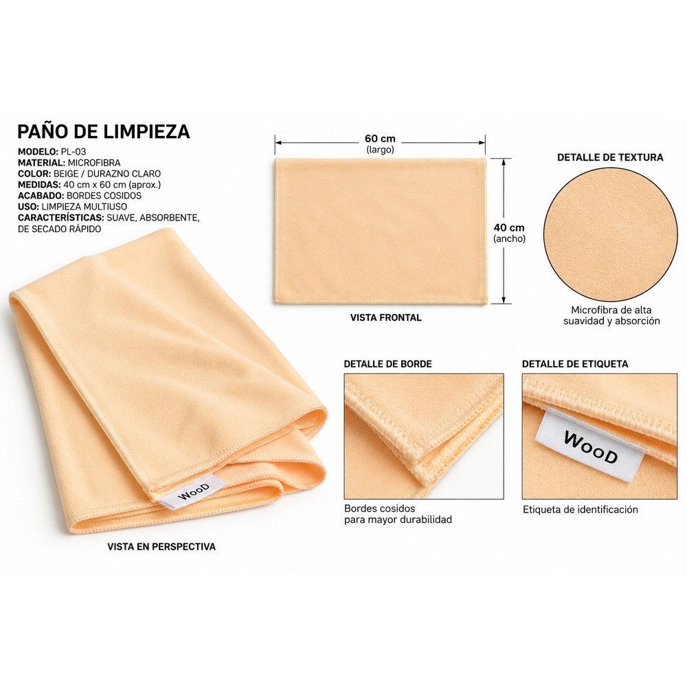 WooD Microfiber Cleaning Cloth PL-03 Peach Beige Multipurpose Towel 40x60cm